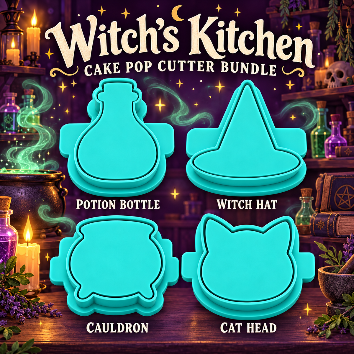 Witch’s Kitchen Cake Pop Cutter Bundle with Cutter, Popper and Tray Option